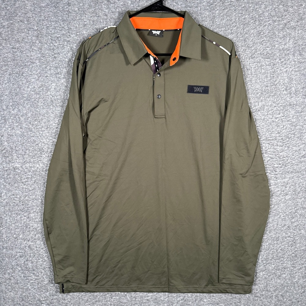 PXG Polo Shirt Mens‎ Medium Green Long Sleeve Camo Trim Performance Fairway